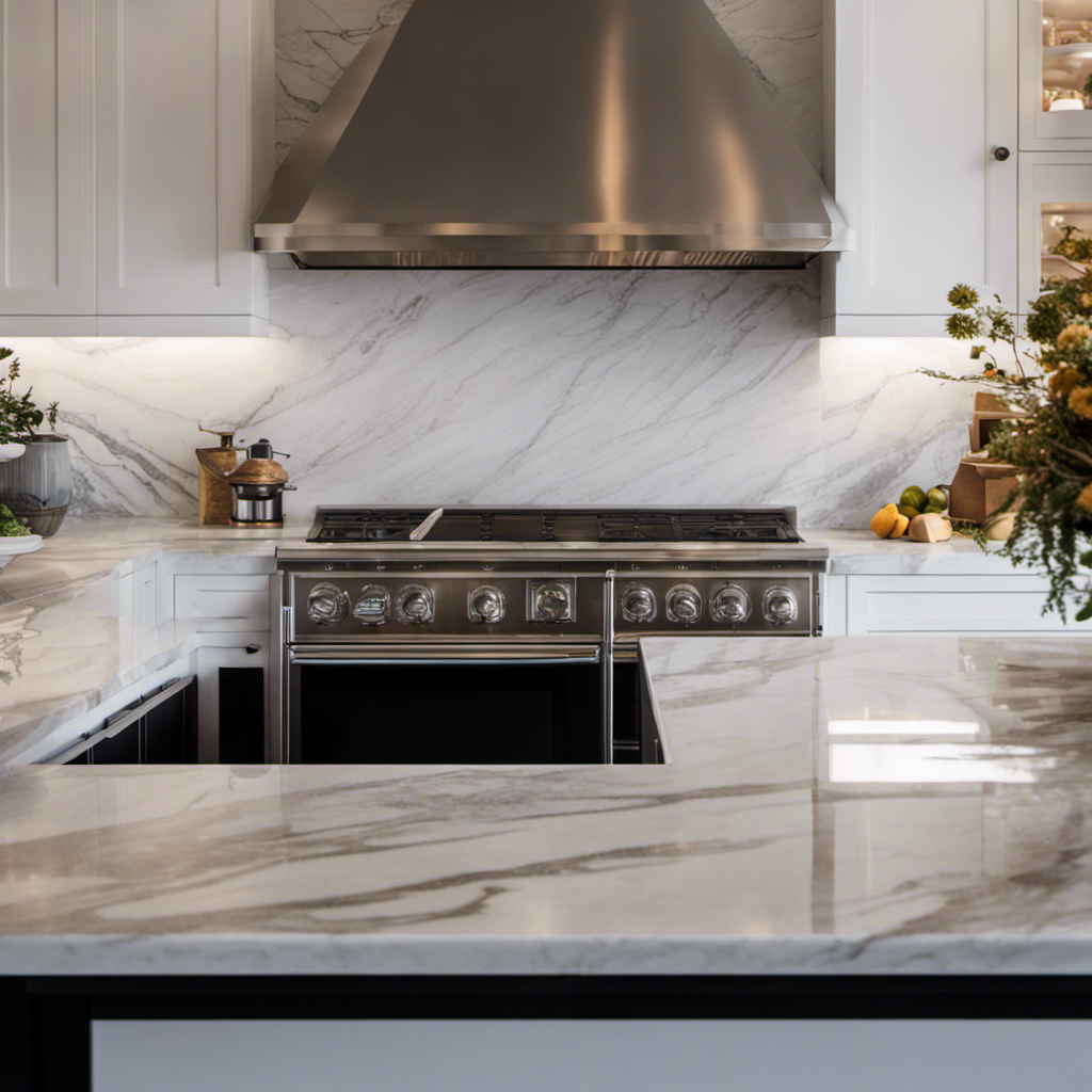 An image showcasing a close-up of a beautifully textured marble countertop, adorned with intricate veining patterns