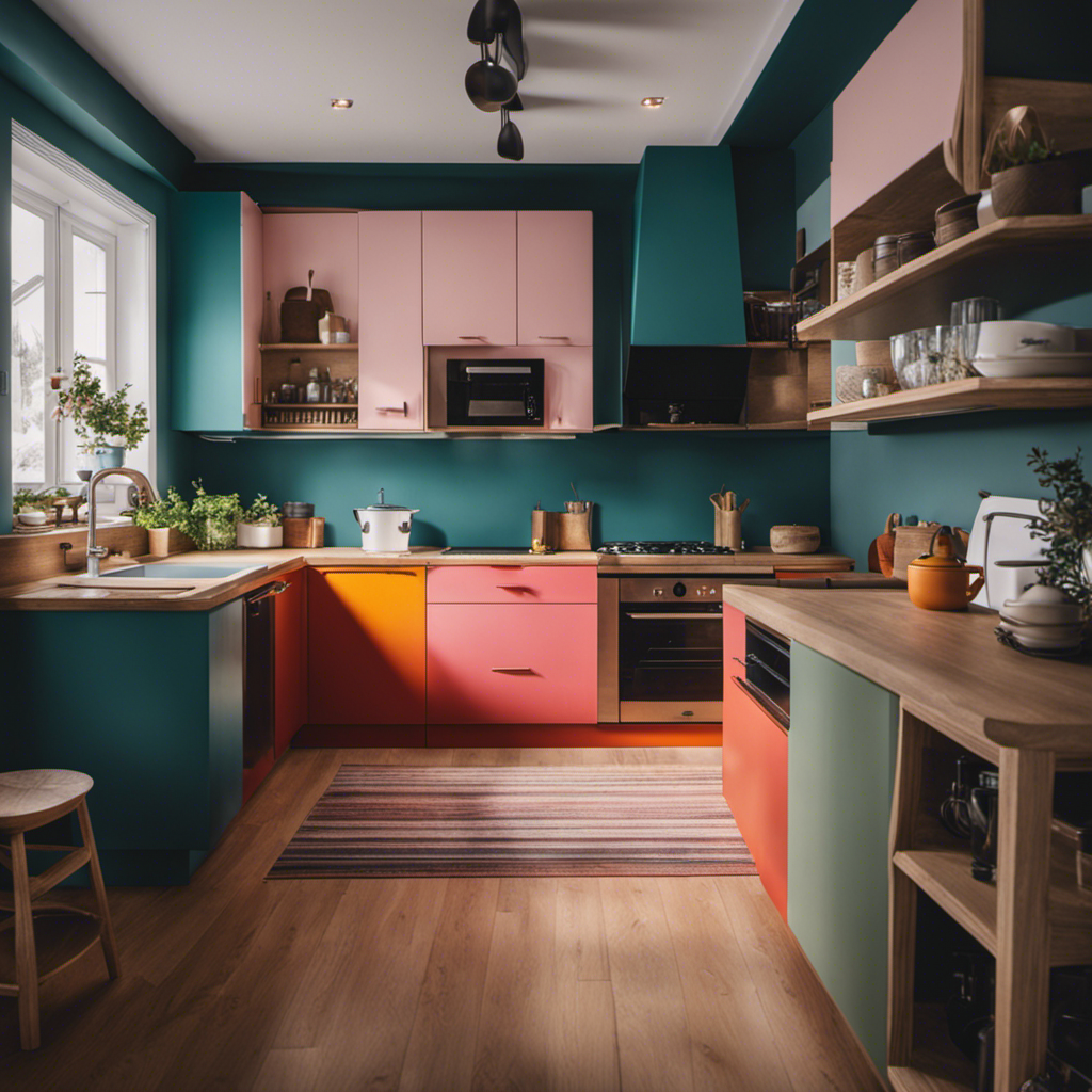 An image showcasing a kitchen with two painted cupboards, one professionally done with flawless brush strokes and vibrant colors, and another with amateur work, displaying uneven brush marks and faded hues