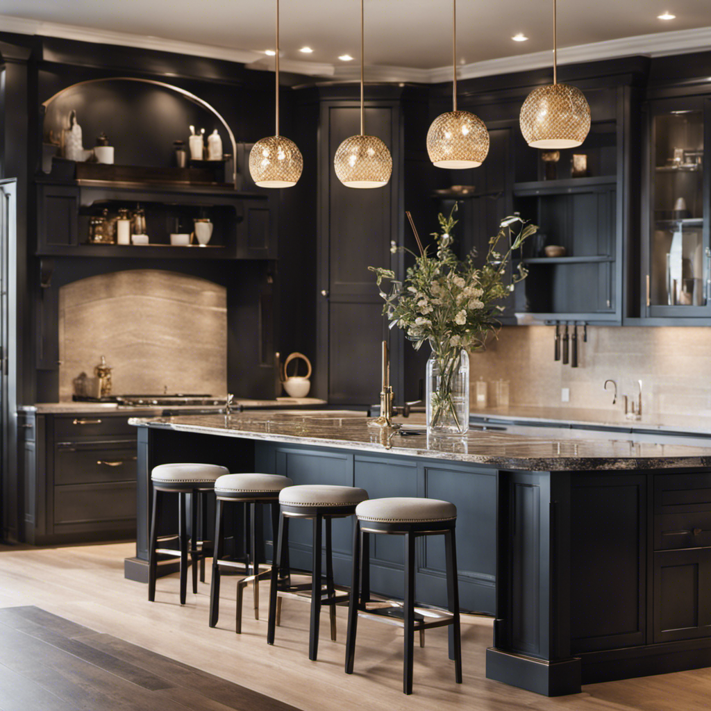 An image showcasing a spacious kitchen island with elegant hand-painted cabinets