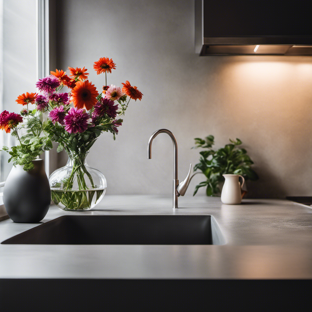 An image showcasing the elegance of concrete countertops: a sleek, minimalist kitchen with a seamless concrete countertop, bathed in soft natural light, adorned with a vase of vibrant flowers