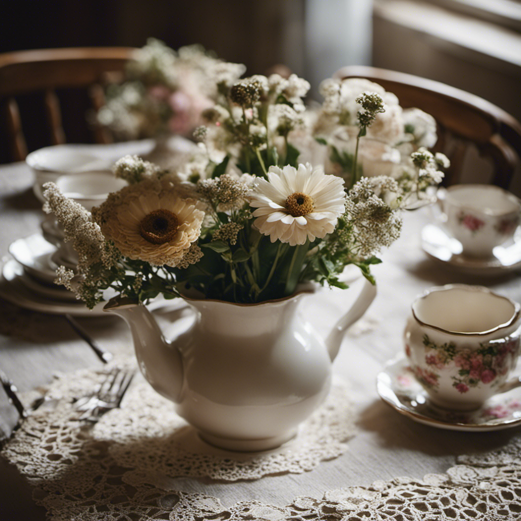 An image showcasing a rustic, reclaimed oak dining table adorned with delicate lace doilies, surrounded by mismatched vintage chairs, complemented by a collection of antique teapots and floral patterned china