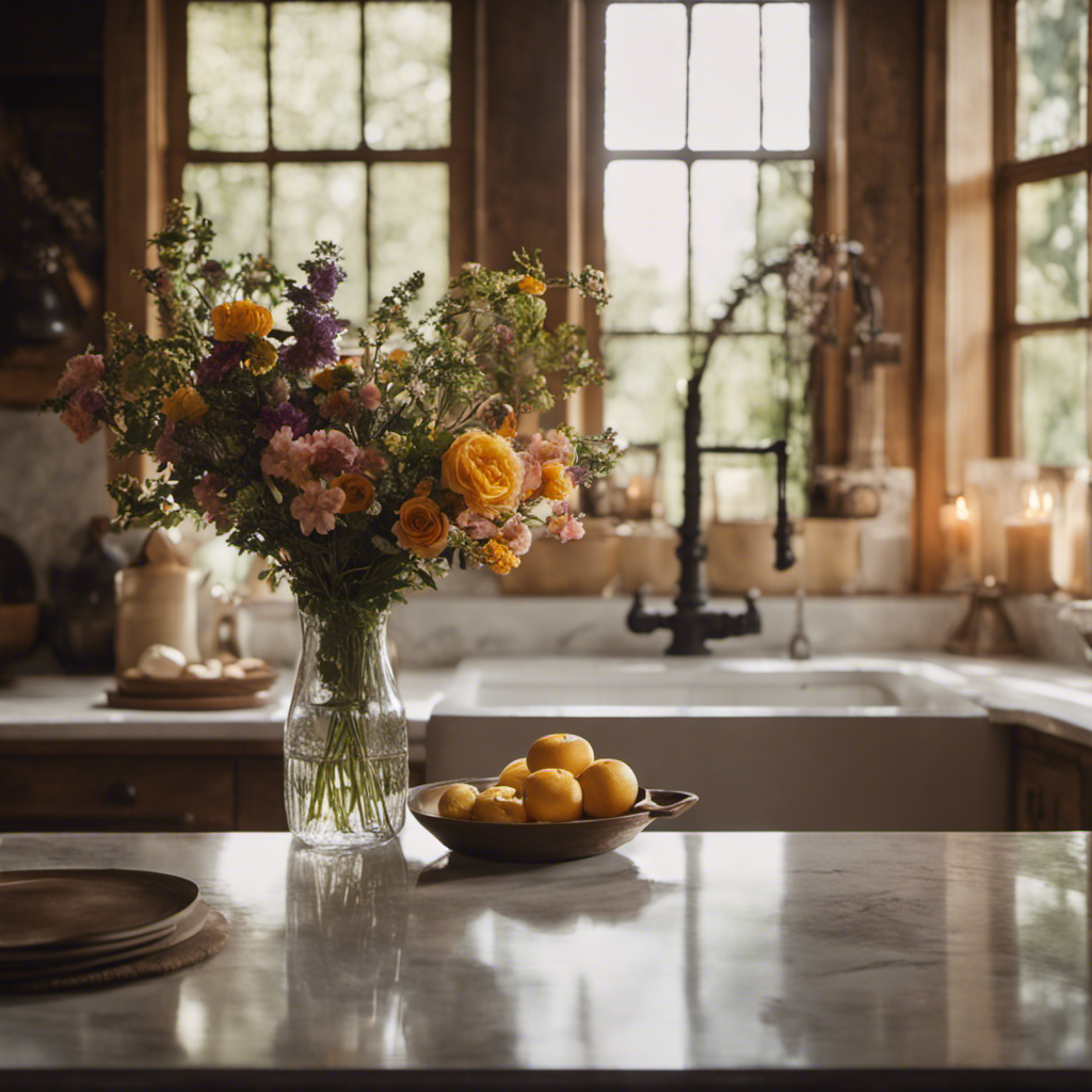 the essence of rustic elegance with an image of a farmhouse kitchen, adorned with distressed wooden beams, a vintage-inspired chandelier casting warm light on a marble countertop, and a bouquet of fresh flowers in a ceramic pitcher