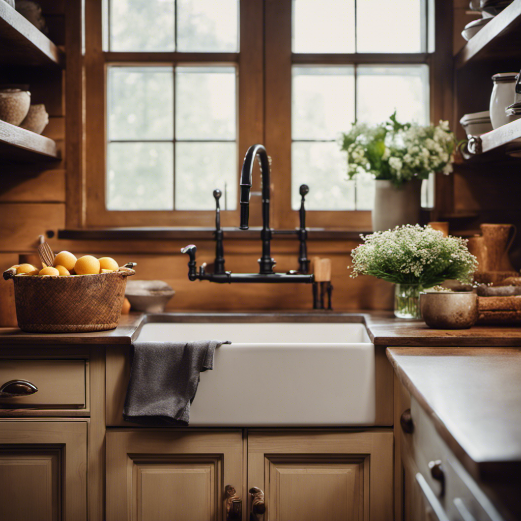 An image showcasing a charming farmhouse sink nestled amidst a rustic kitchen, adorned with warm wooden cabinets, vintage-inspired appliances, and delicate floral accents, exuding an inviting and cozy ambiance