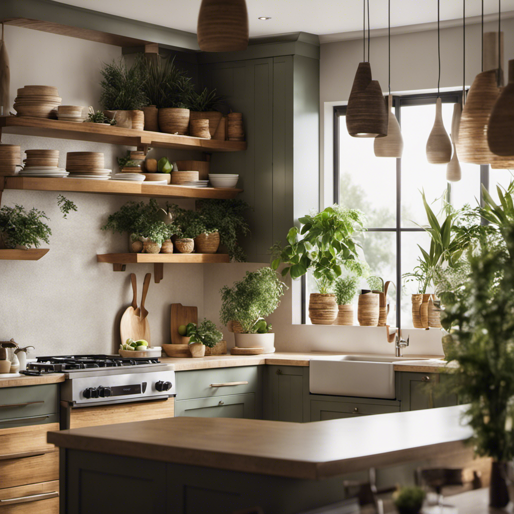 An image showcasing a serene kitchen adorned with hand-painted cabinets in soothing earthy tones