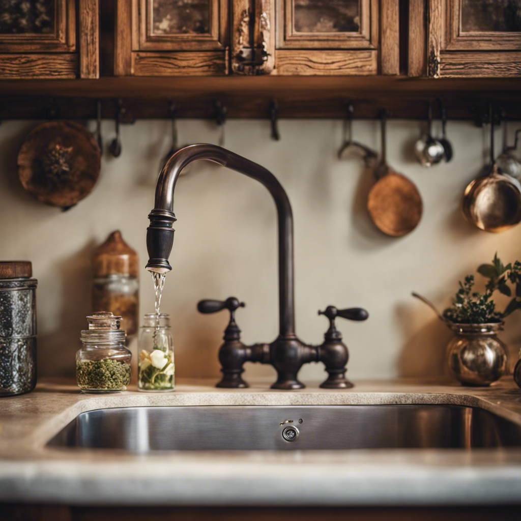  the essence of a charming, vintage-inspired kitchen with rustic wooden cabinets and delicate hand-painted floral patterns