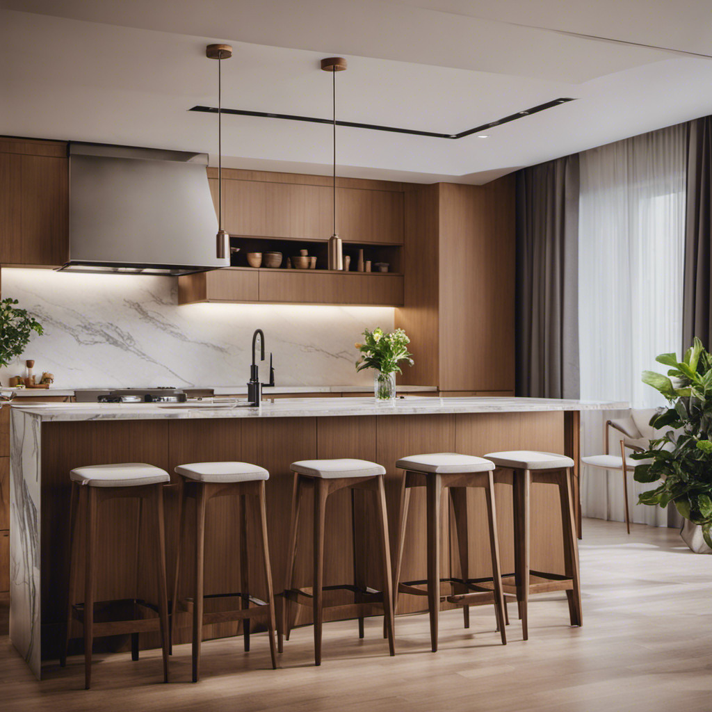 An image showcasing a harmonious kitchen design with a sleek stainless steel refrigerator, a contemporary marble countertop, and a set of elegant wooden bar stools perfectly complementing each other in color and style