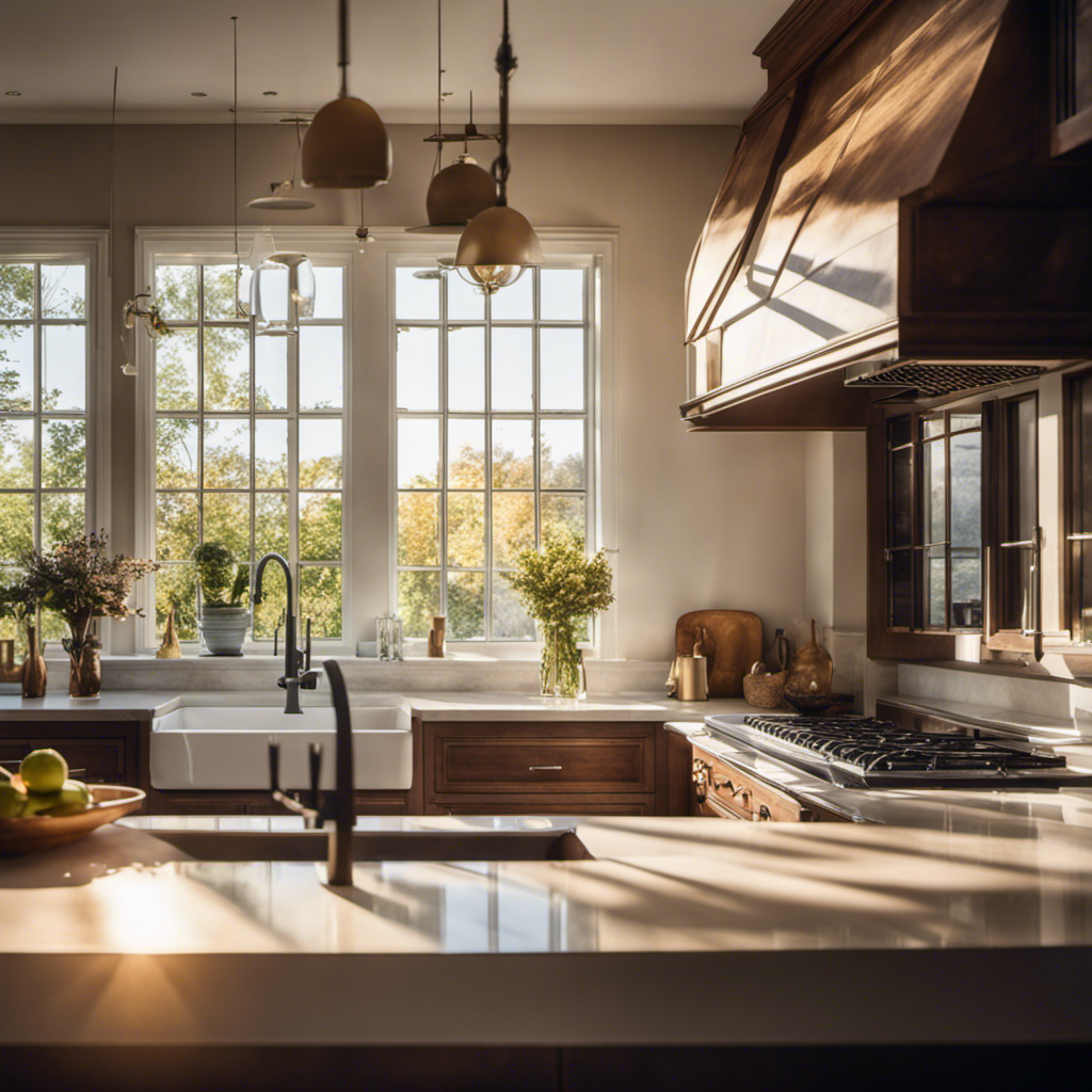 An image showcasing a bright, spacious kitchen with glass-front cabinets that exude elegance