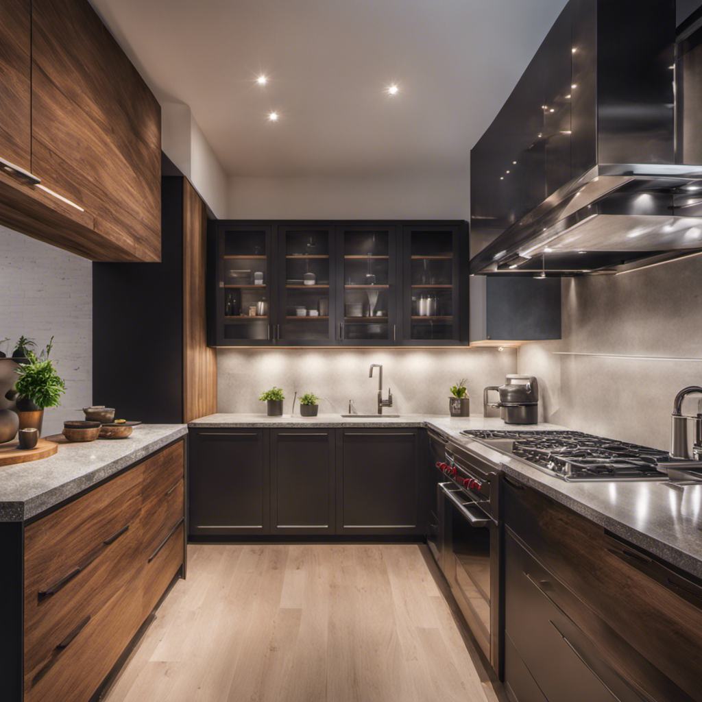 An image showcasing a sleek, modern kitchen with beautiful countertops made from recycled glass, cabinets crafted from reclaimed wood, and energy-efficient appliances, exuding an eco-friendly ambiance