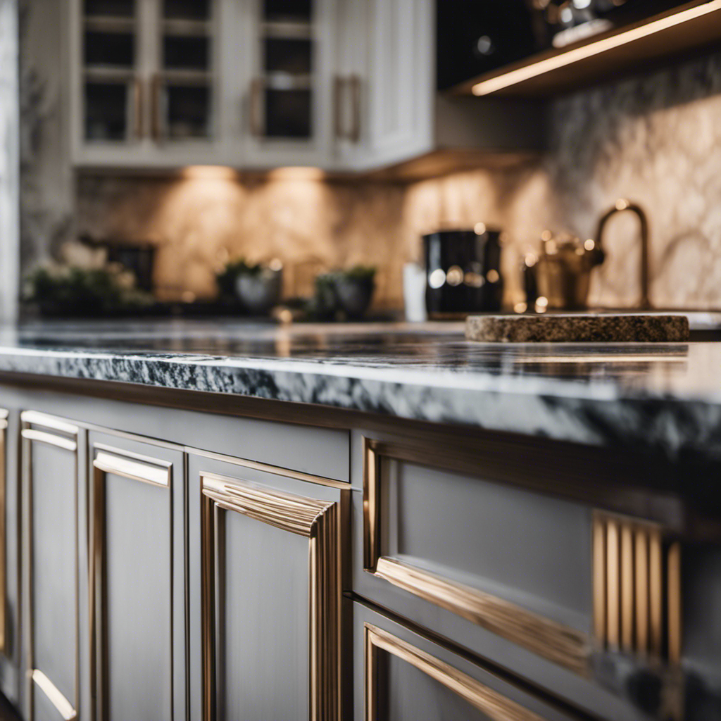 An image showcasing a stunning, hand-painted kitchen with intricate brush strokes on the cabinetry