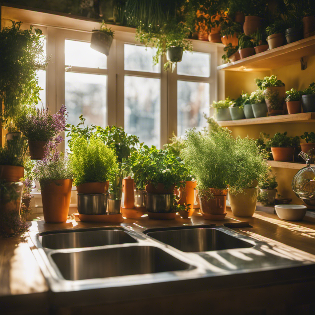 An image of a vibrant, sunlit kitchen with hand-painted walls adorned with colorful herbs in various containers