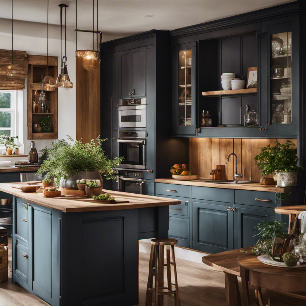 An image showcasing a charming kitchen with hand-painted cabinets: vibrant brushstrokes bring life to sleek wooden surfaces, accentuating the room's rustic charm and proving that budget-friendly design can be utterly captivating