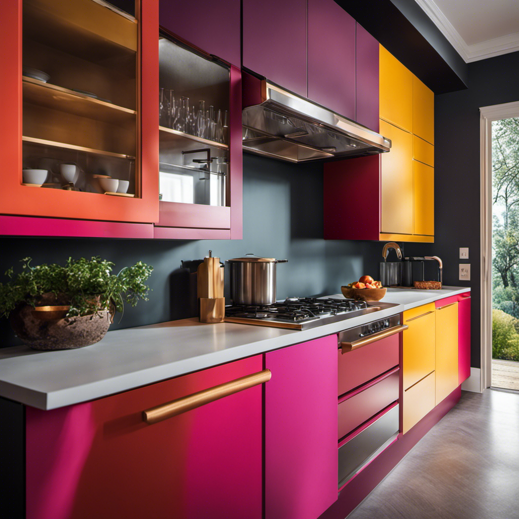 An image showcasing a vibrant kitchen with hand-painted cabinets, featuring a striking two-tone color scheme and artistic color-blocking techniques