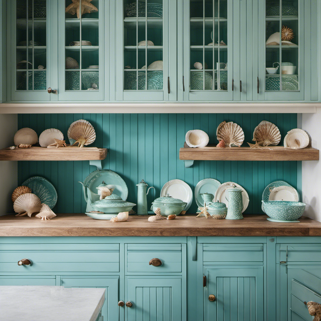 An image showcasing a serene coastal kitchen with hand-painted cabinets