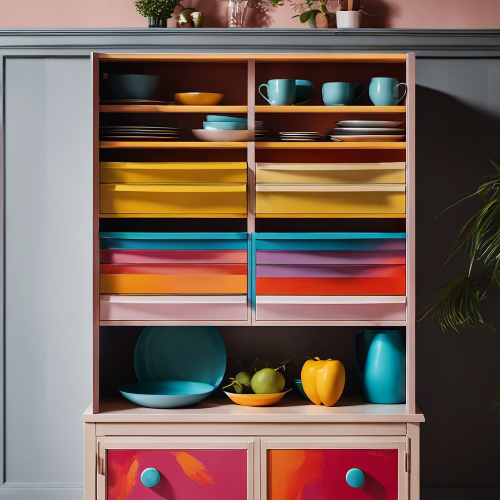 An image showcasing a hand-painted cabinet in a vibrant shade, designed with adjustable shelves and pull-out drawers