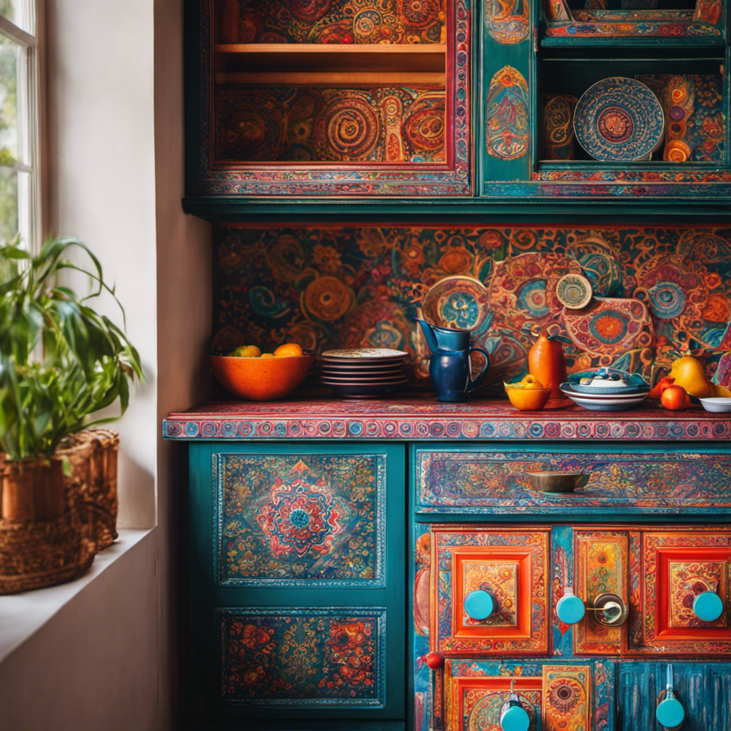  the essence of a bohemian kitchen with an image of vibrant, hand-painted cabinets adorned in intricate mandala patterns