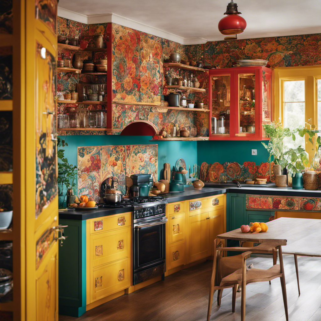 An image showcasing a vibrant, eclectic kitchen with hand-painted cabinets that effortlessly blend various styles