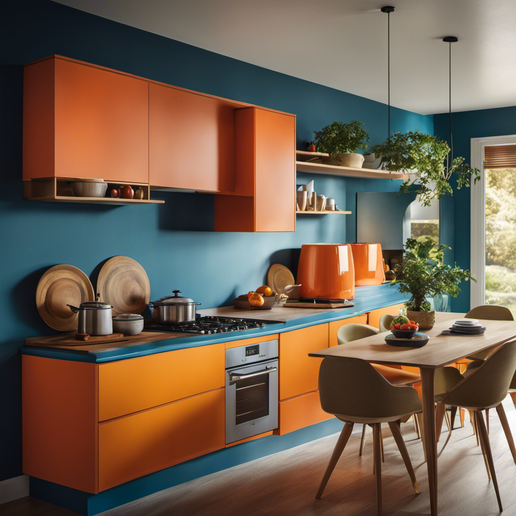 An image showcasing a sleek mid-century modern kitchen with hand-painted cabinets