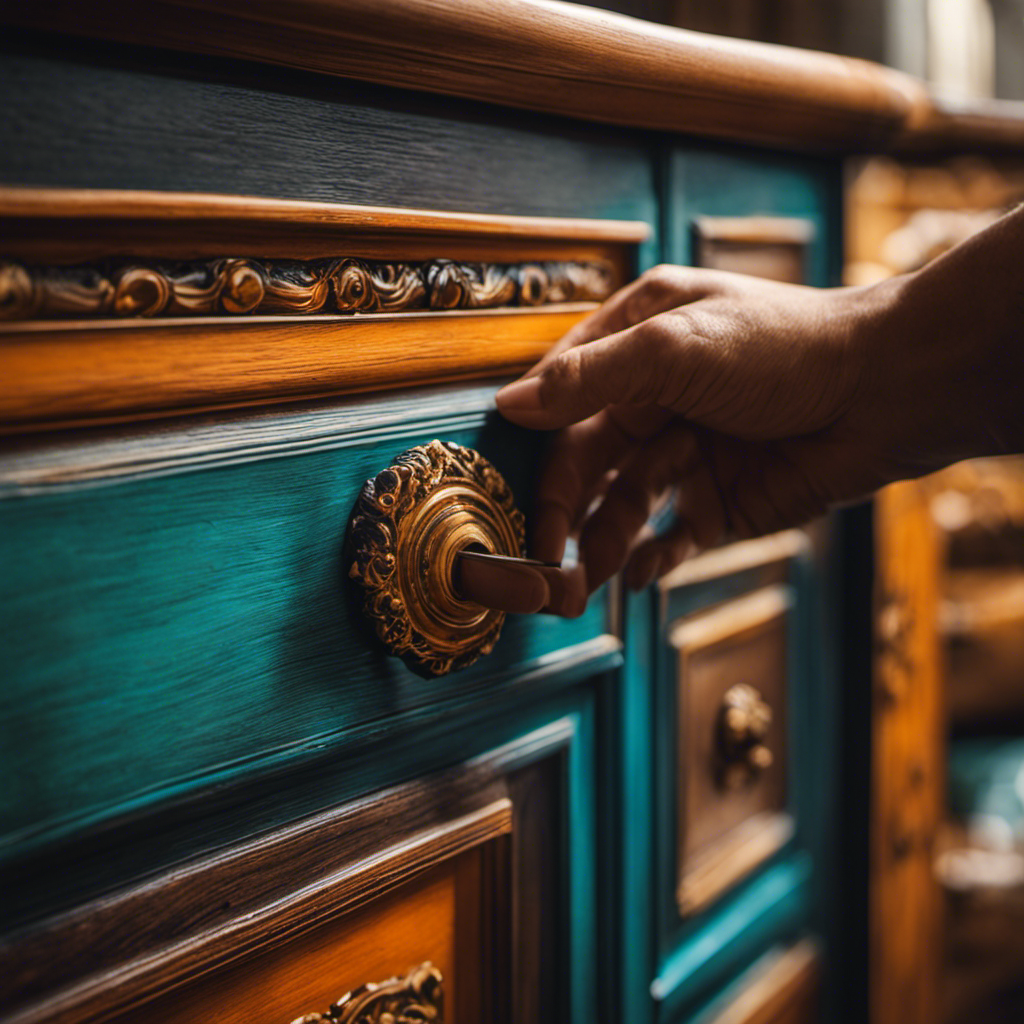 -up shot of a pair of skilled hands, delicately brush-stroking vibrant hues onto a wooden cabinet door