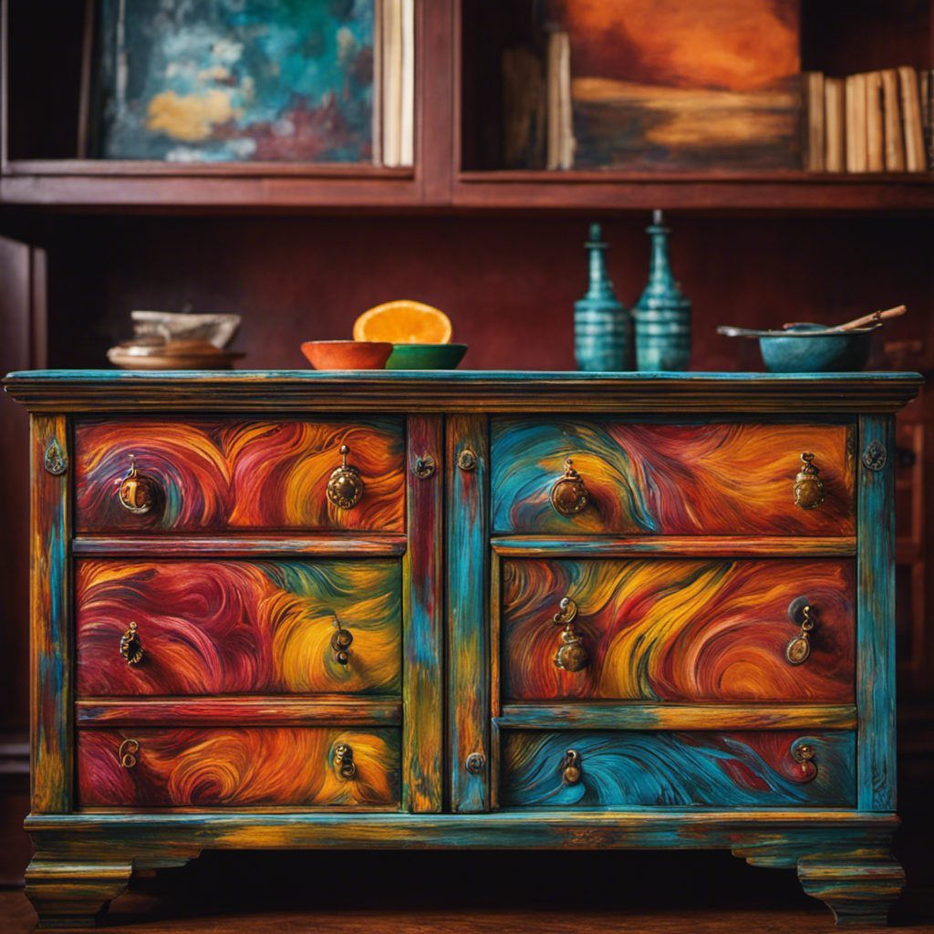 An image showcasing a vibrant, hand-painted cabinet as the focal point