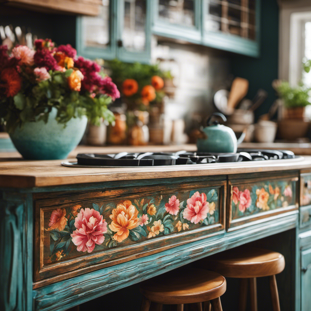 An image showcasing a vibrant hand-painted kitchen island, adorned with intricate floral patterns and a distressed finish