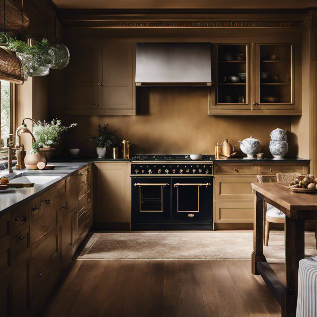 An image capturing the elegance of a hand-painted kitchen: soft brushstrokes bringing rich hues to bespoke cabinetry, delicate patterns adorning walls, and the warm glow of natural light reflecting off polished surfaces