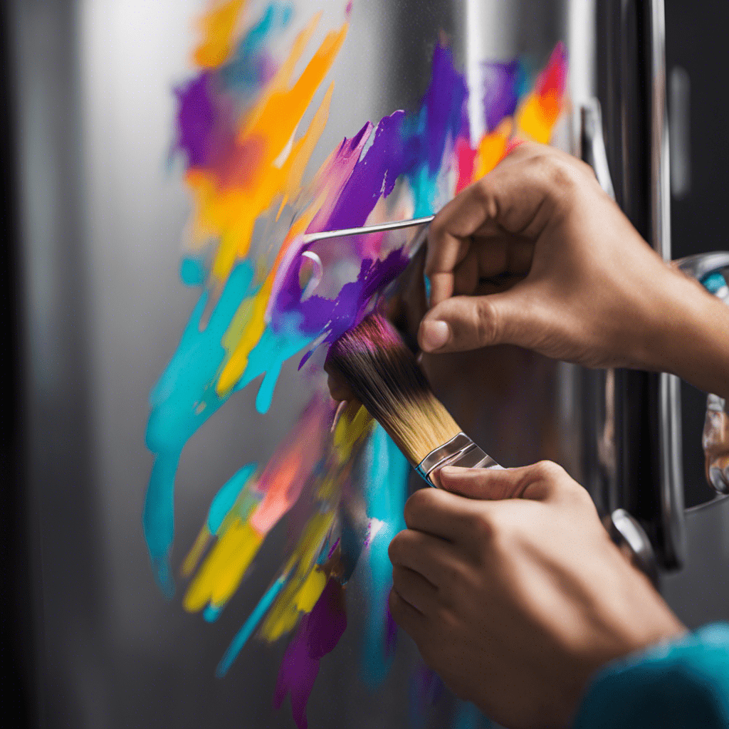 An image showcasing a pair of hands delicately painting a sleek, stainless steel refrigerator with vibrant brushstrokes