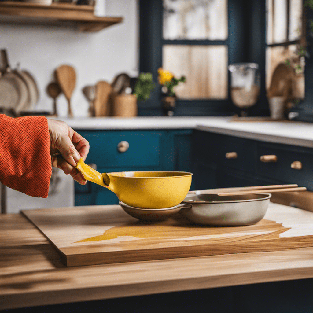 An image showcasing a skilled hand painting kitchen cabinets—meticulously applying smooth strokes of paint with precision, transforming the old cabinets into a fresh, vibrant focal point