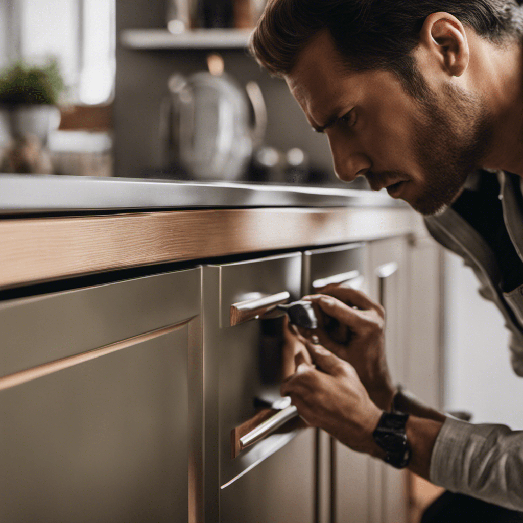 An image showcasing a pair of skilled hands meticulously applying a glossy sealant onto freshly hand-painted kitchen cabinets