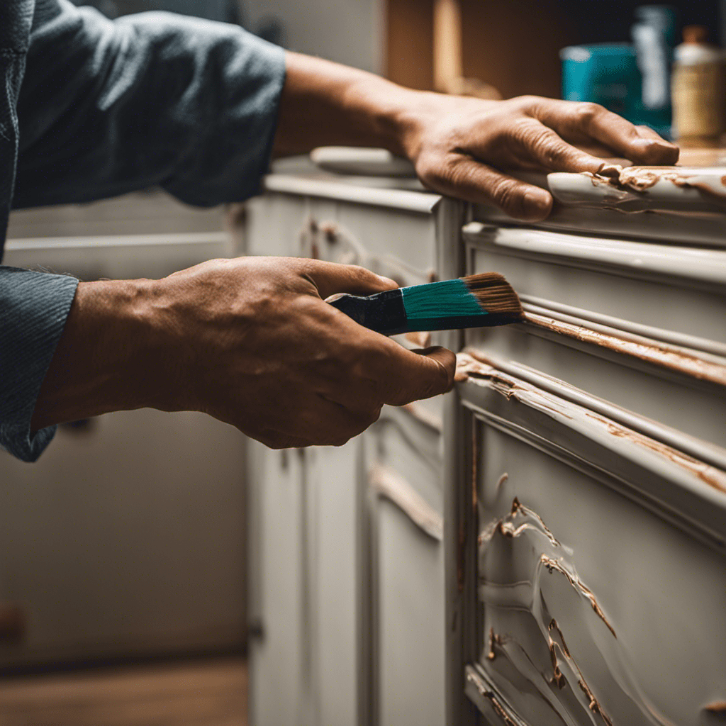 An image displaying a skilled hand meticulously applying paint to a kitchen cabinet, expertly addressing common issues like streaks, drips, and uneven coverage