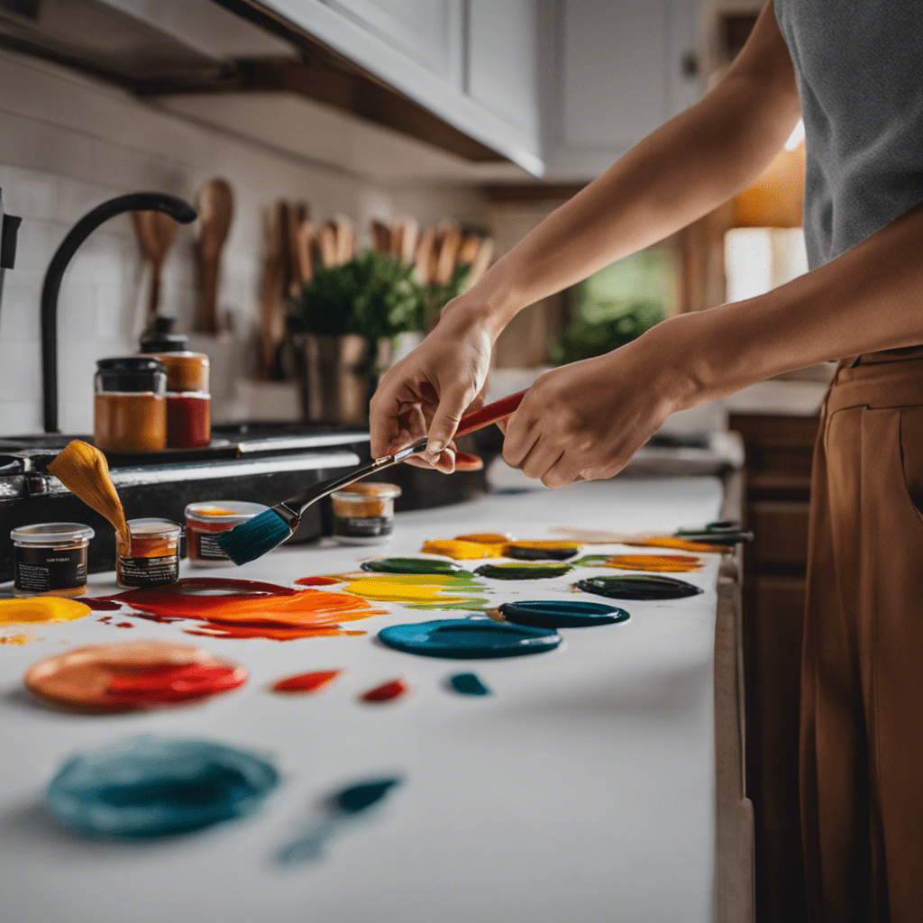 An image showcasing a pair of hands delicately painting kitchen cabinets with high-quality paints and finishes