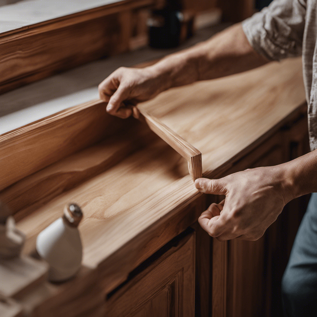 An image showcasing a kitchen cabinet transformation: a pair of hands meticulously applying primer to bare wooden cabinets, capturing the essence of preparation and emphasizing the importance of primer for a flawless paint finish