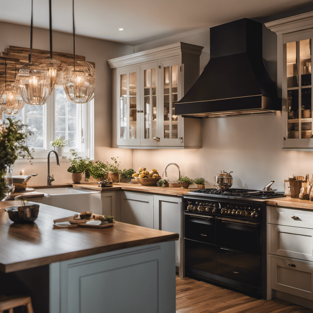 An image showcasing a kitchen with light-colored hand-painted cabinets, exuding a bright and airy atmosphere