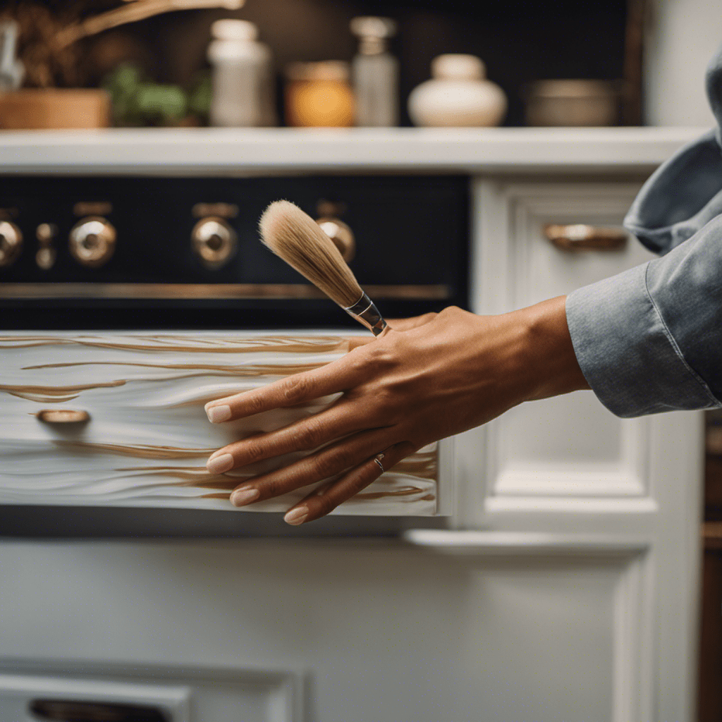 An image showcasing a pair of hands gently wiping a soft cloth across a glossy, hand-painted kitchen cabinet surface, capturing the intricate brush strokes and illuminating the importance of regular maintenance and care