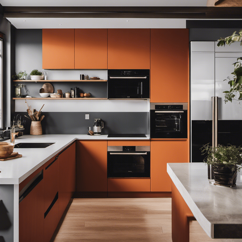 An image showcasing a kitchen with solid color cabinets on one side, contrasting with two-tone cabinets on the other