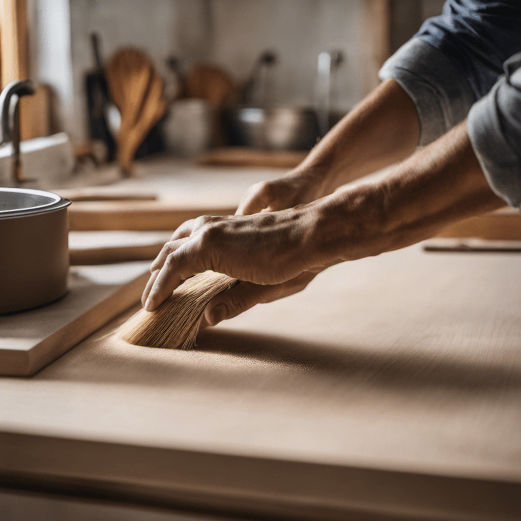 An image showcasing a pair of hands meticulously sanding and cleaning kitchen cabinets, revealing a smooth surface ready for painting