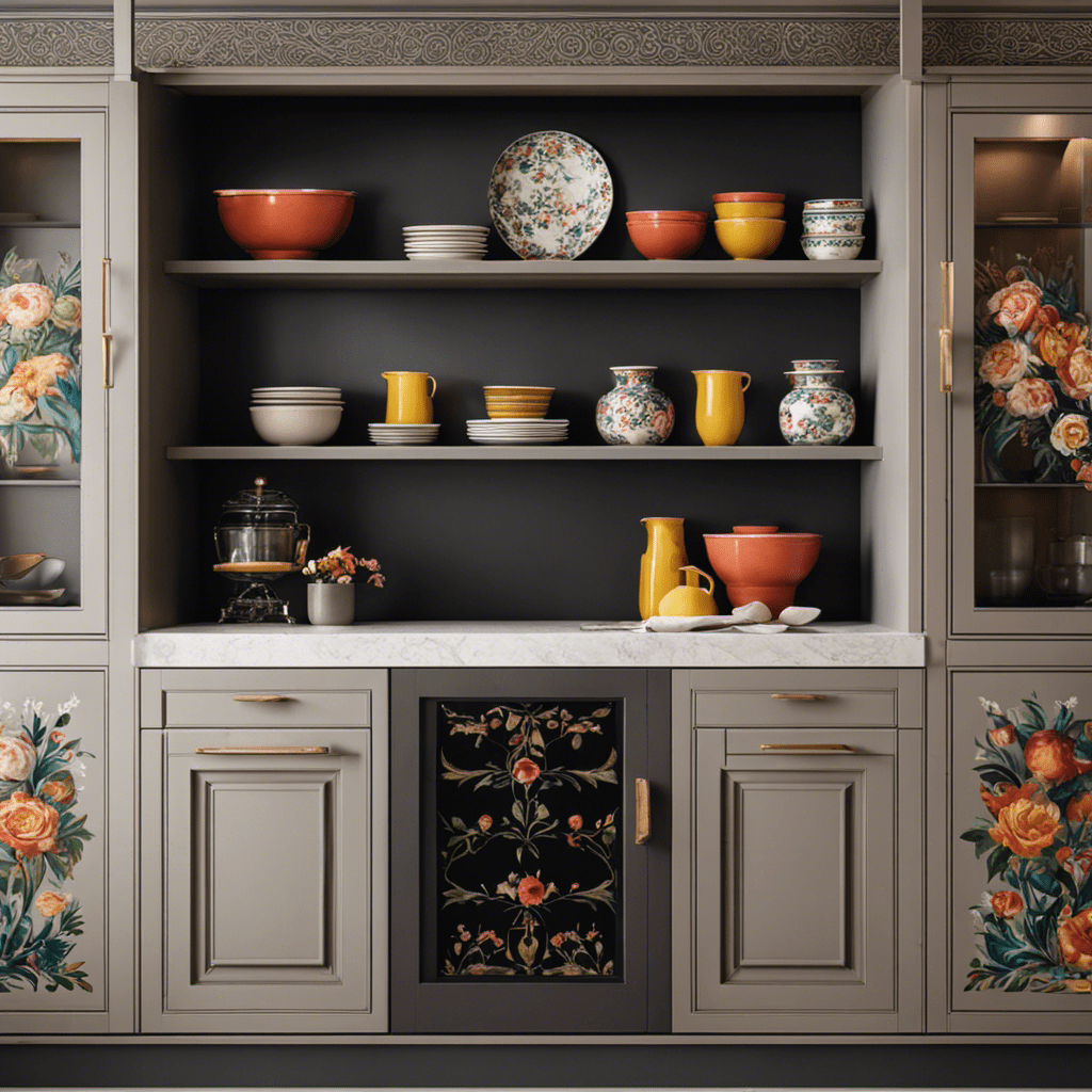 An image showcasing two sets of hand-painted kitchen cabinets side by side