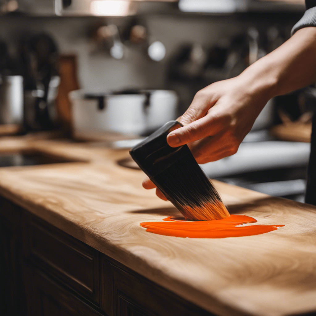 An image showcasing the mesmerizing process of hand painting kitchen cabinets: skilled hands expertly brush rich, creamy paint onto worn-out wooden surfaces, transforming them into vibrant, timeless beauties