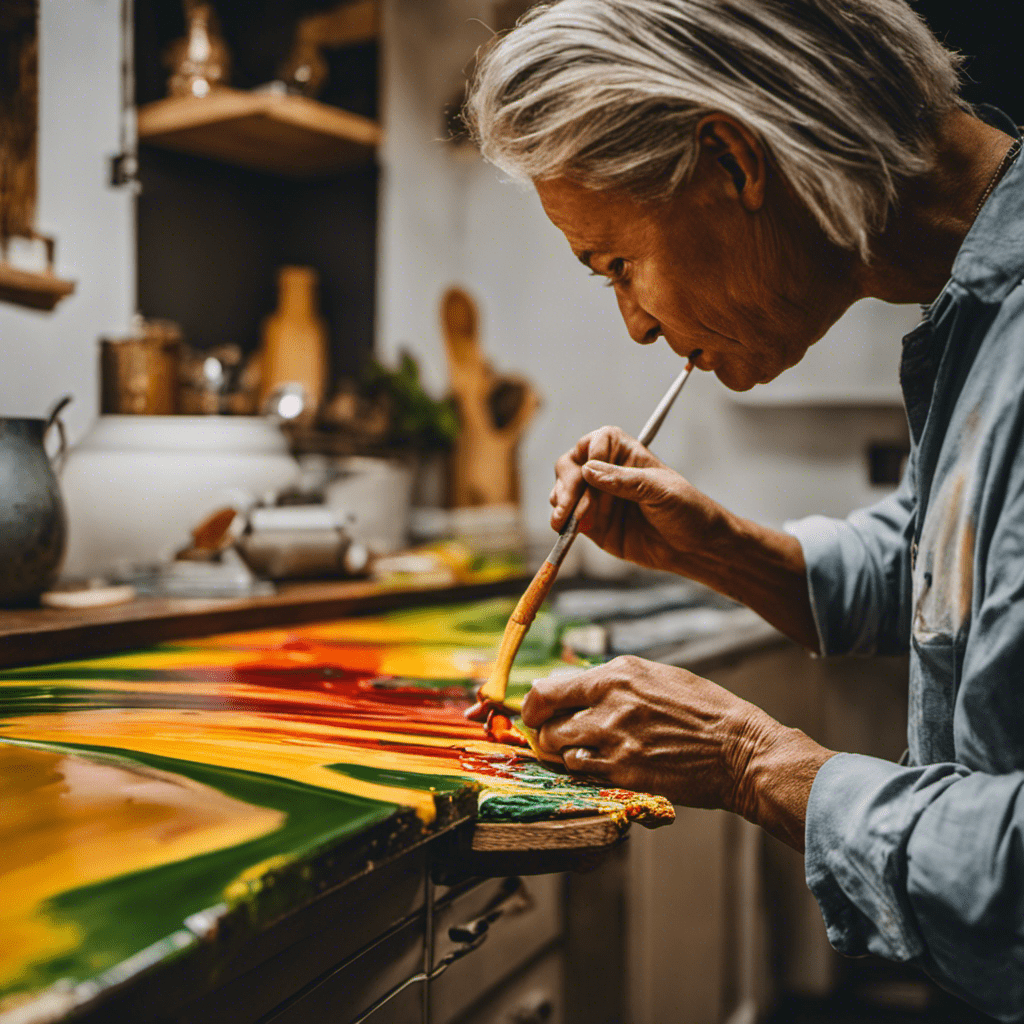 An image showcasing a skilled artisan gracefully applying vibrant strokes of paint onto kitchen doors and drawer fronts, transforming them into unique works of art, imbued with depth, texture, and character