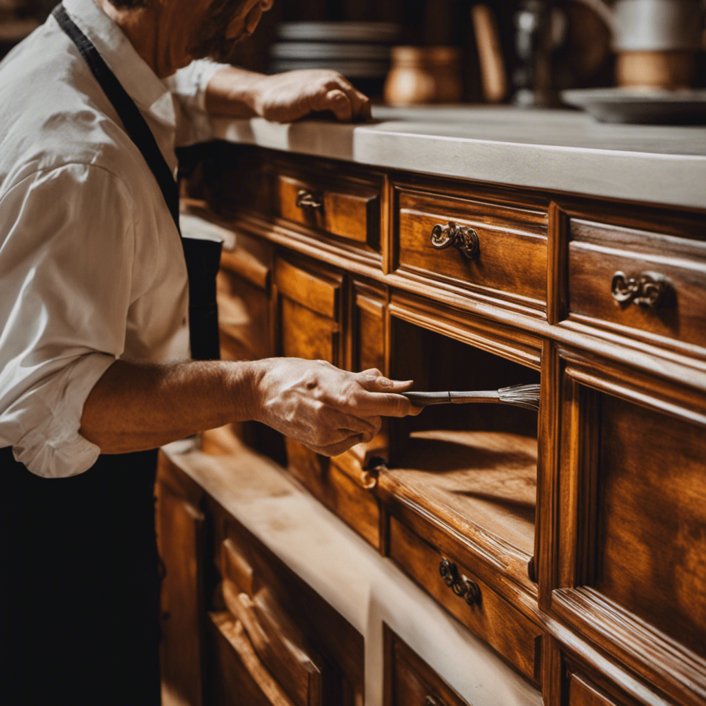 An image showcasing a skilled artisan meticulously hand painting a vintage wooden kitchen cabinet, delicately applying brushstrokes to reveal a rich, vibrant hue that rejuvenates the piece and adds character to the entire space