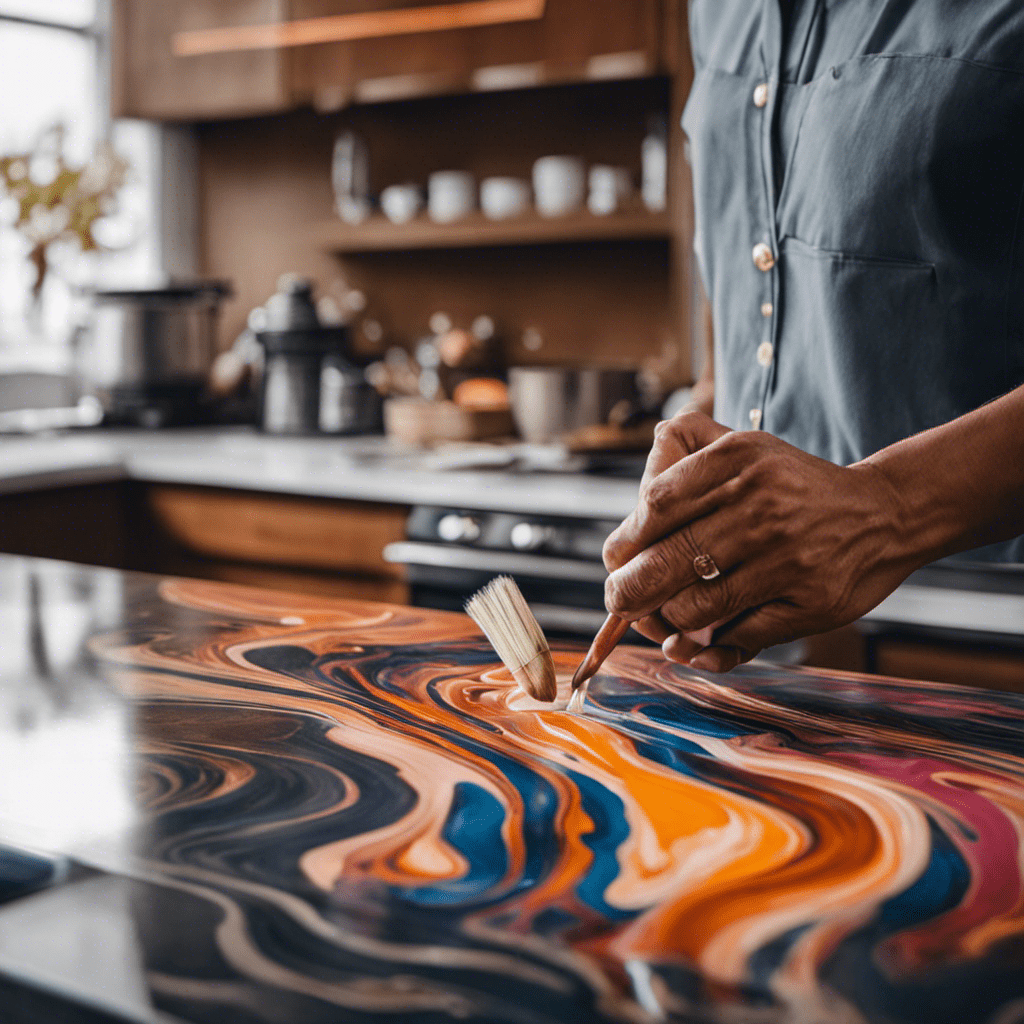 An image featuring a skilled artisan meticulously hand-painting a vibrant, marbled pattern on a sleek kitchen island