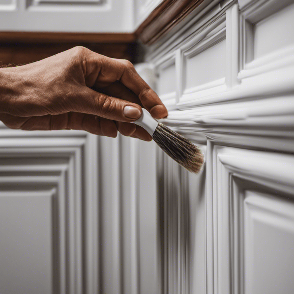 An image of a skilled hand delicately brushing vibrant white paint onto intricate kitchen trim and molding