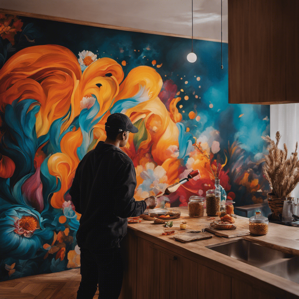 An image showcasing a skilled artist meticulously hand painting a kitchen's walls and ceilings, with vibrant strokes of color transforming the space