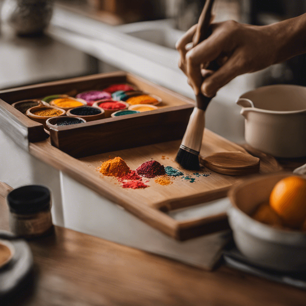 An image showcasing the meticulous artistry of hand painting kitchen woodwork and trim: a skilled artisan delicately applying vibrant hues with a fine brush, capturing every intricate detail on the smooth surface