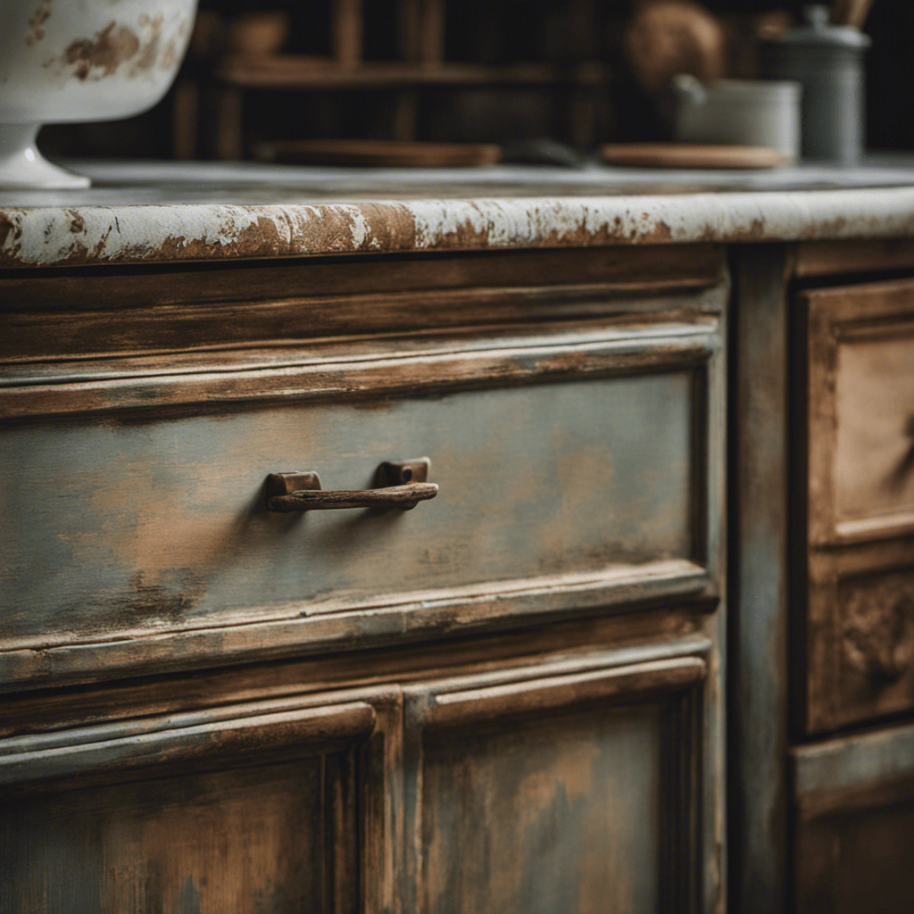 An image showcasing a skilled artist delicately applying layers of faded, weathered paint to a vintage kitchen cabinet