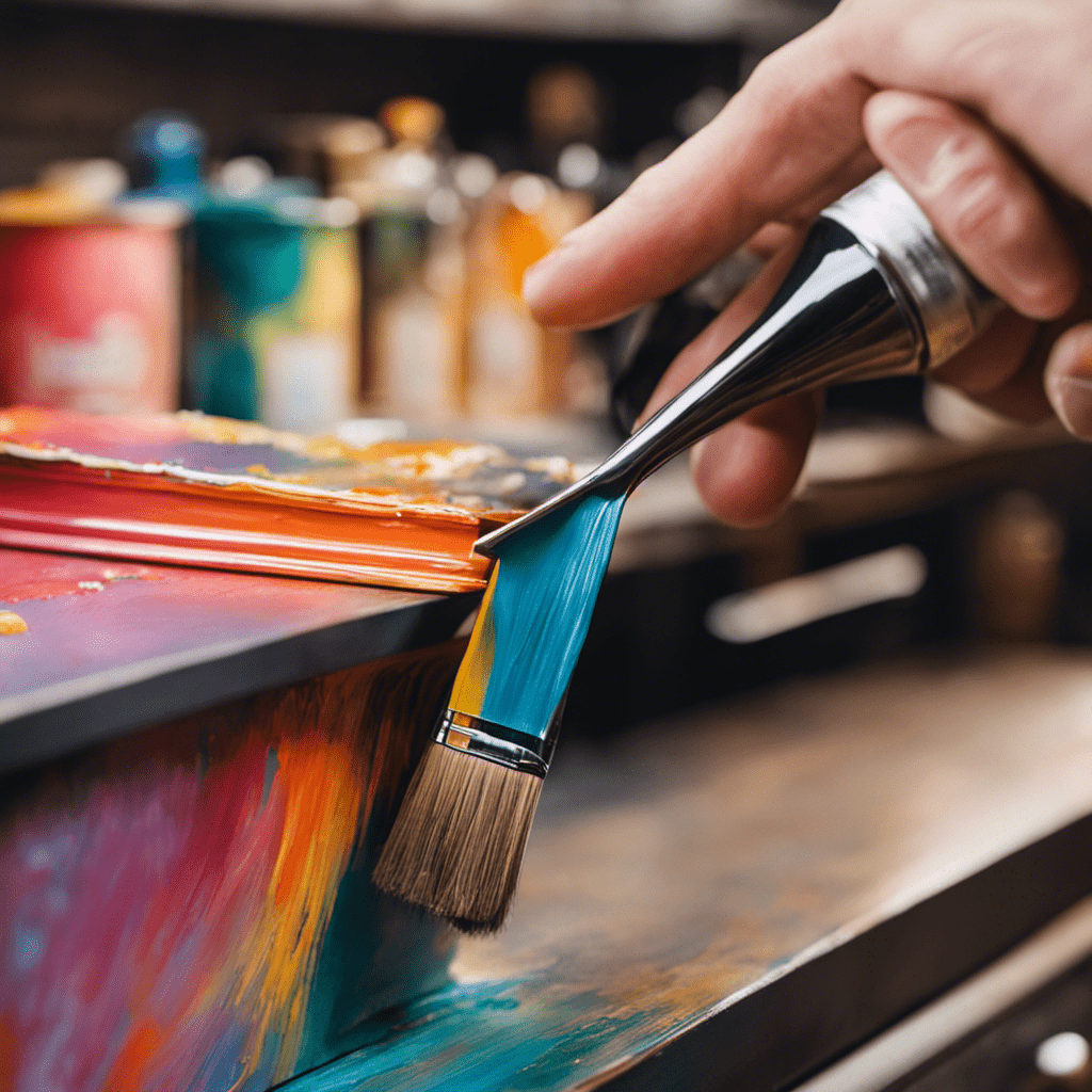 An image showcasing a skilled hand delicately applying layers of paint onto a kitchen cabinet, showcasing the intricate brushstrokes, smooth finishes, and expert color blending techniques used in hand painting for kitchen cabinets