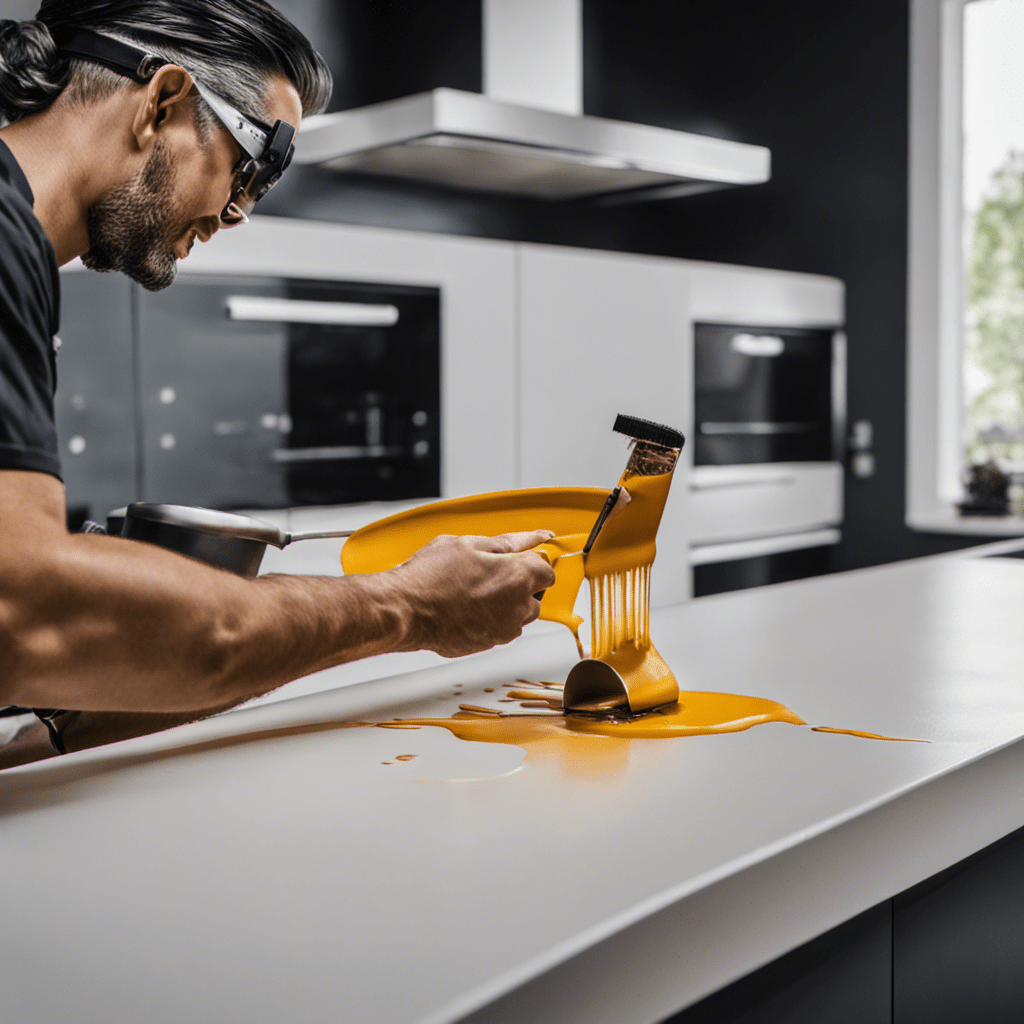 An image showcasing two contrasting techniques for kitchen painting: a skilled artisan meticulously hand painting cabinets with a fine brush, juxtaposed with a modern spray painting machine flawlessly coating cabinets with a smooth, uniform finish