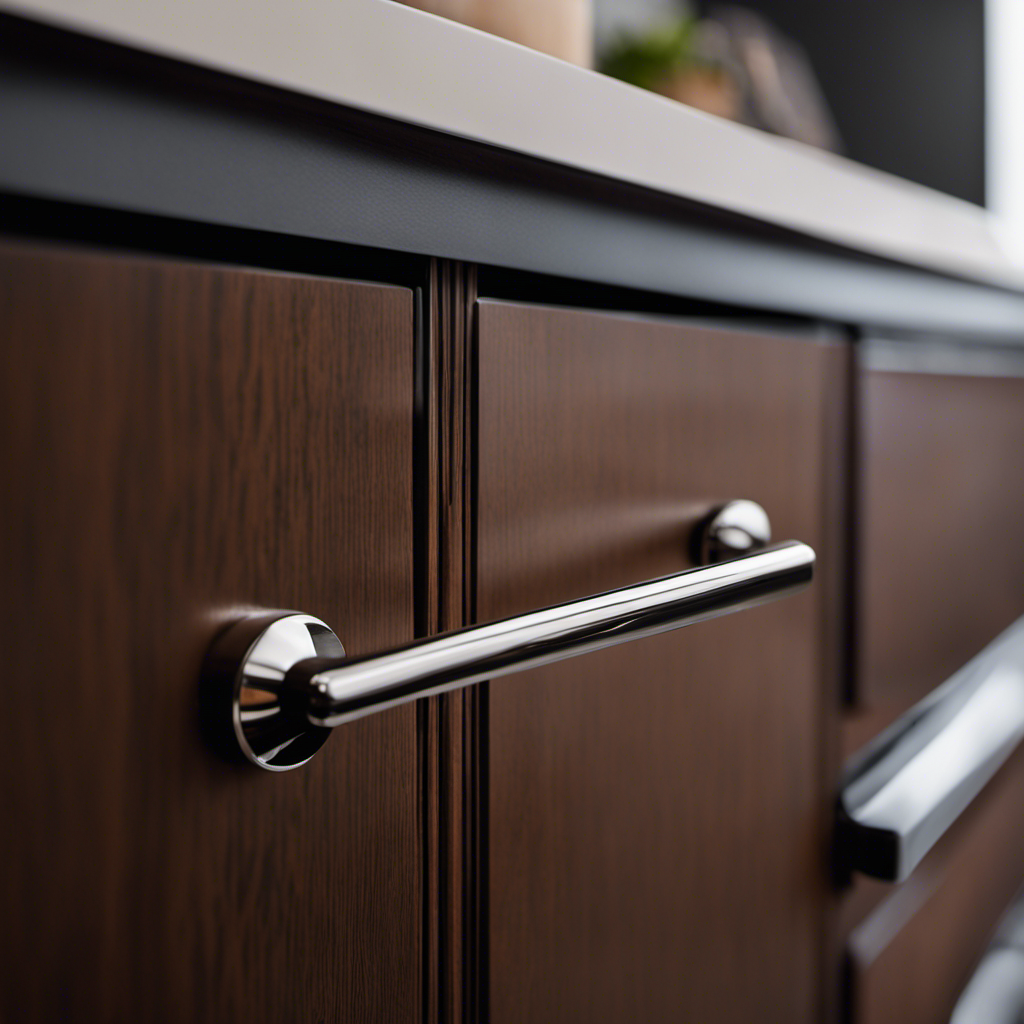 An image showcasing a close-up of a sleek, modern cabinet pull in polished chrome, contrasting against a dark wooden cabinet