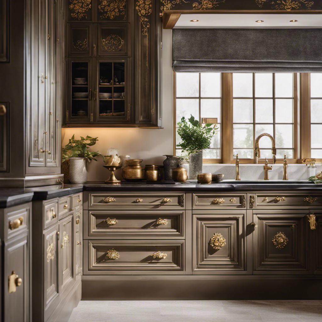 An image showcasing a hand-painted kitchen with exquisite craftsmanship, featuring ornate brass knobs and pulls on drawers and cabinets