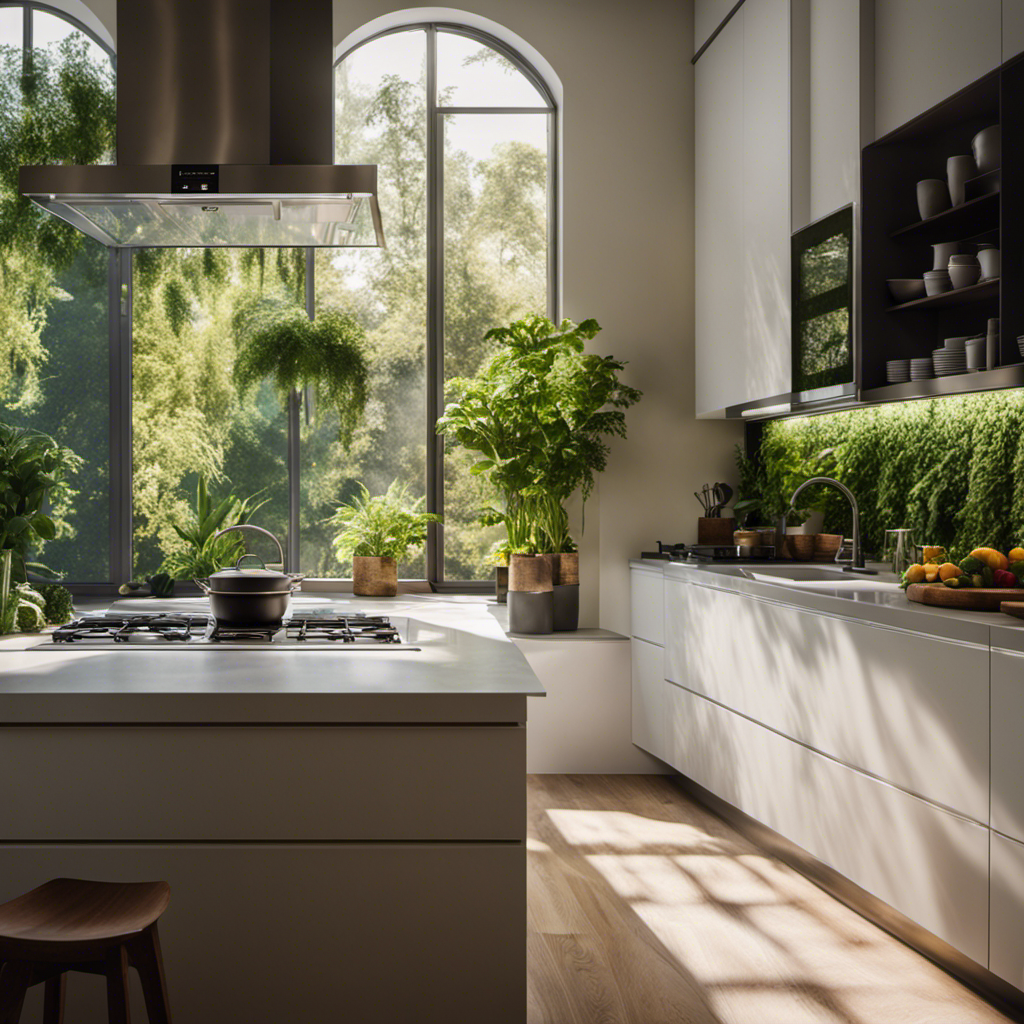 An image showcasing a sunlit kitchen with an expansive window revealing lush greenery outside