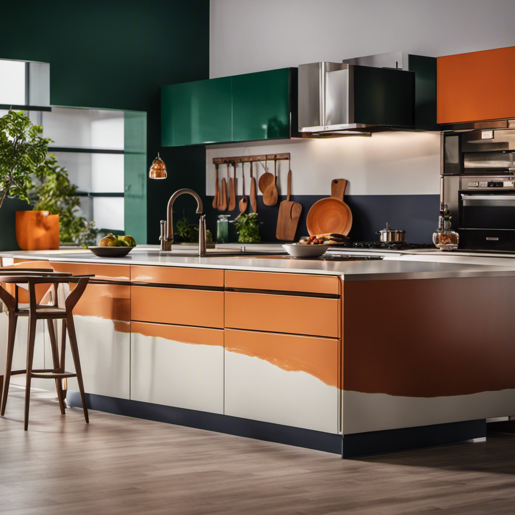 An image showcasing a modern kitchen with hand-painted cabinets in vibrant hues